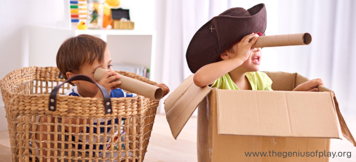 Children playing in pretend pirate ships engrossed in imaginative play.
